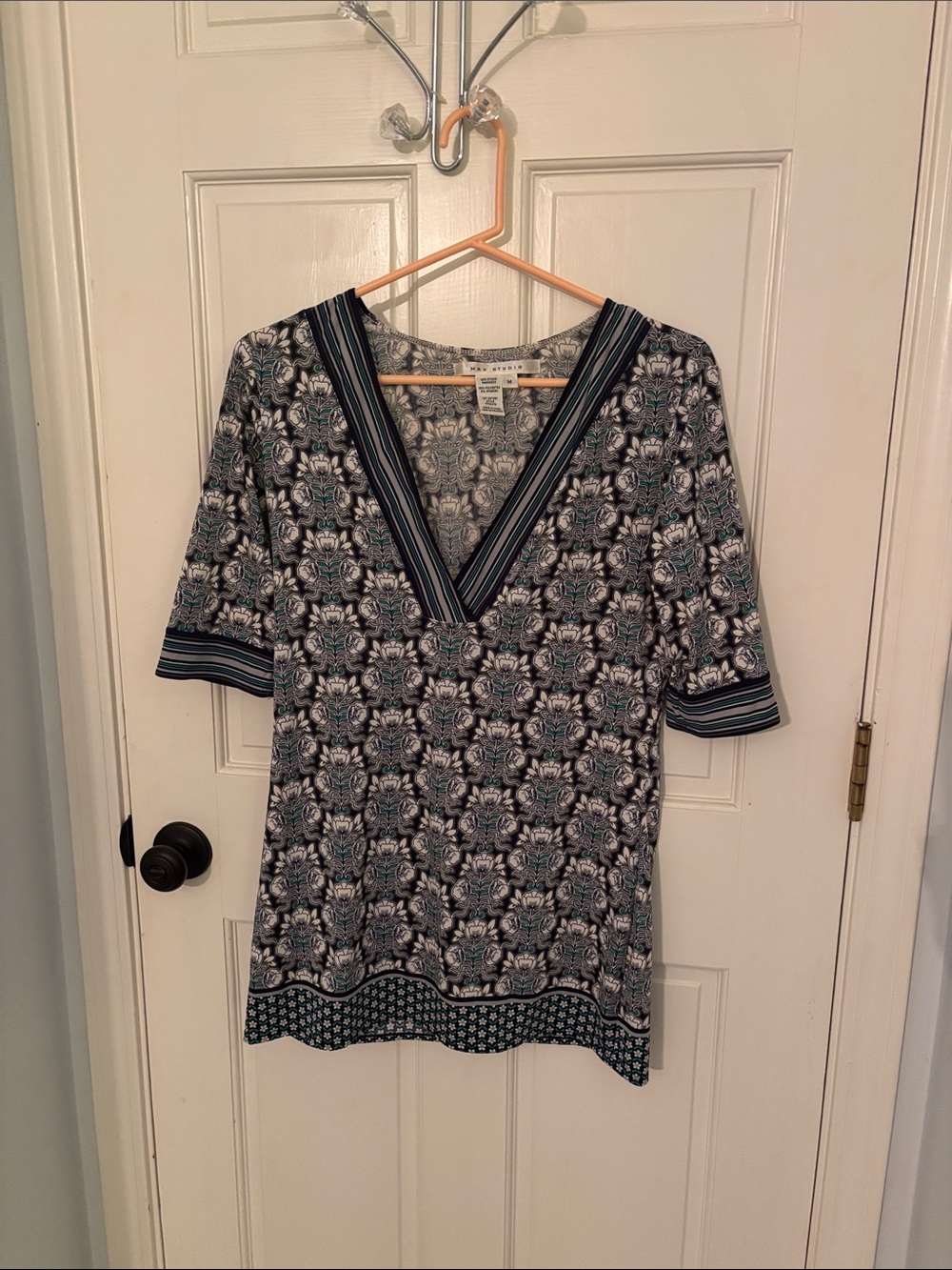 Max Studio Navy, White & Deep Teal Floral V-Neck Tunic or Swim Cover